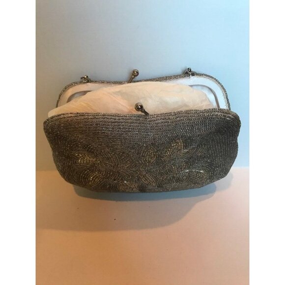 Vtg 1960's Silver Beaded Evening Bag Floral Pattern Handmade Serpentine Handle - Picture 8 of 9